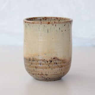 Pottery-ceramic-beige-brown-mug-stonewware-no-handle-onthetable