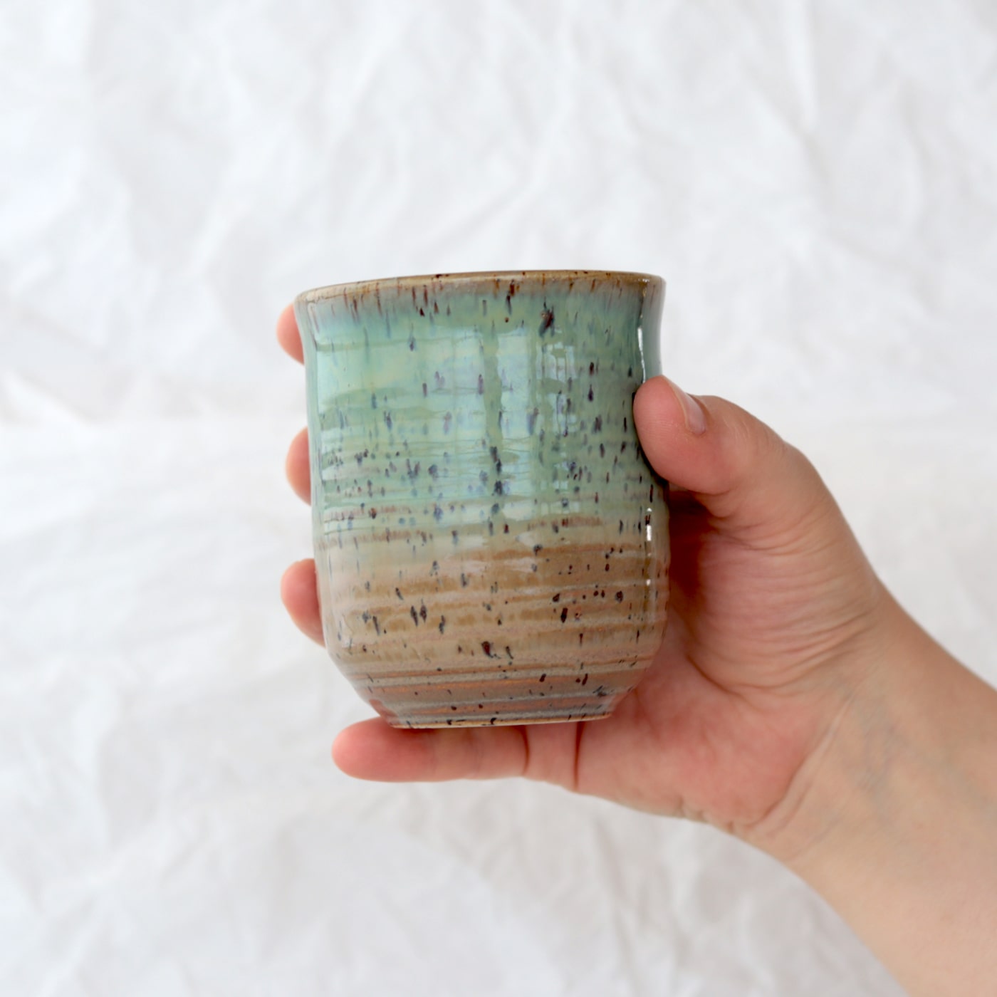 Pottery-ceramic-green-brown-mug-stonewware-no-handle-2