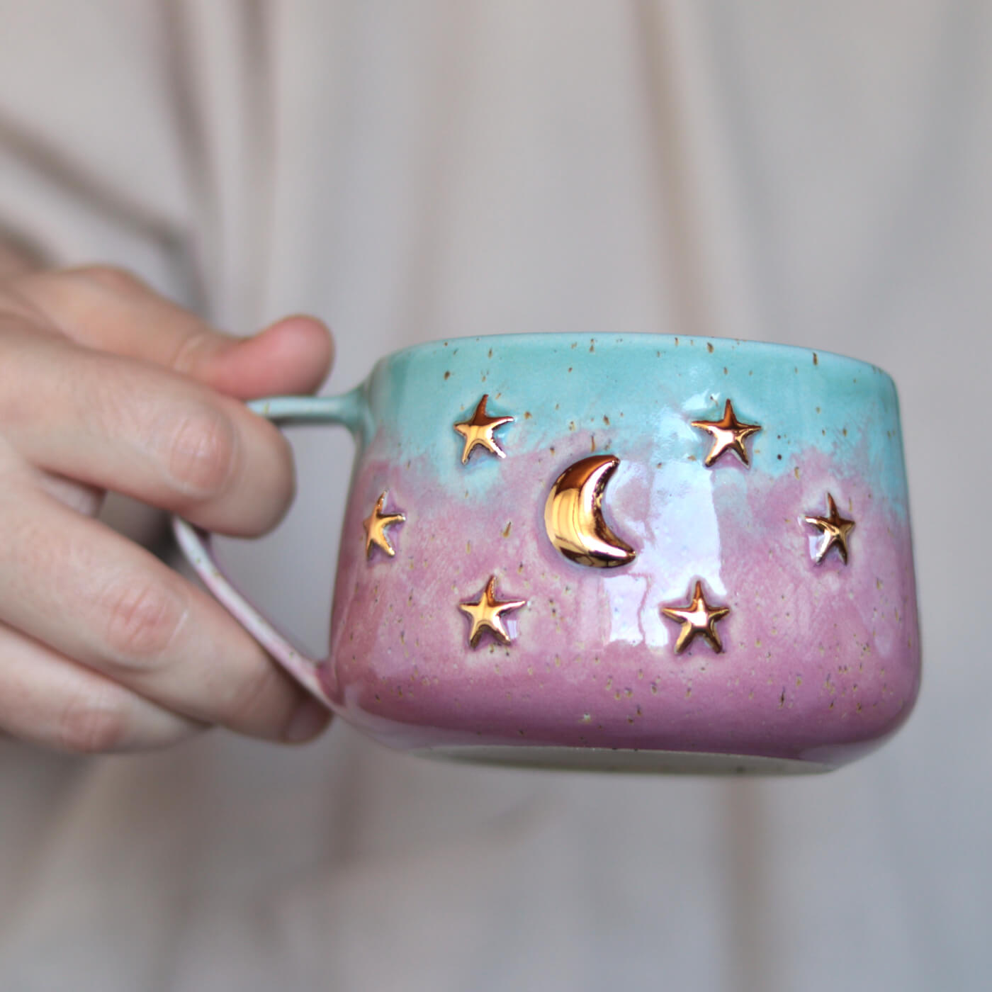 Moon and stars sky stoneware mug - grabbed - pink-blue Moon and stars sky stoneware mug - grabbed - pink-blue