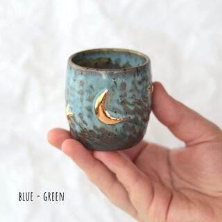 Handmade stoneware pinched espresso cup with gold moon and stars - blue-green - Vary on hand