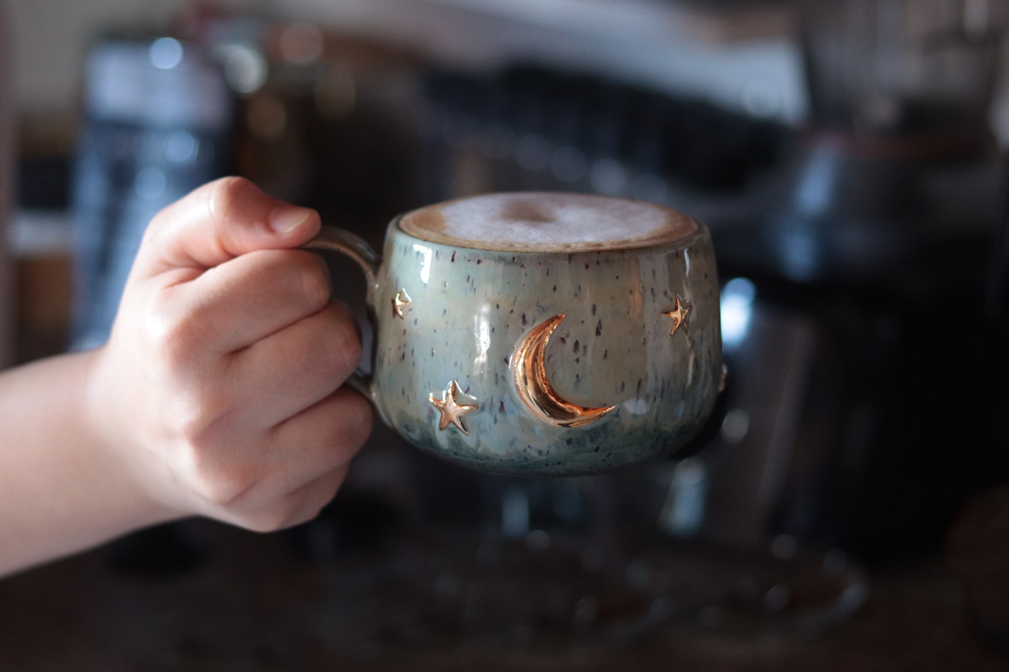Handcrafted ceramics coffee mug with gold moon detail - Functional art ceramics by Seyma Ates