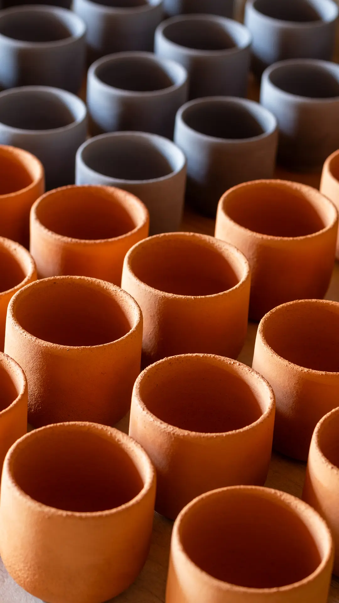 Close-up of handmade terracotta espresso cups, biscuit firing process.