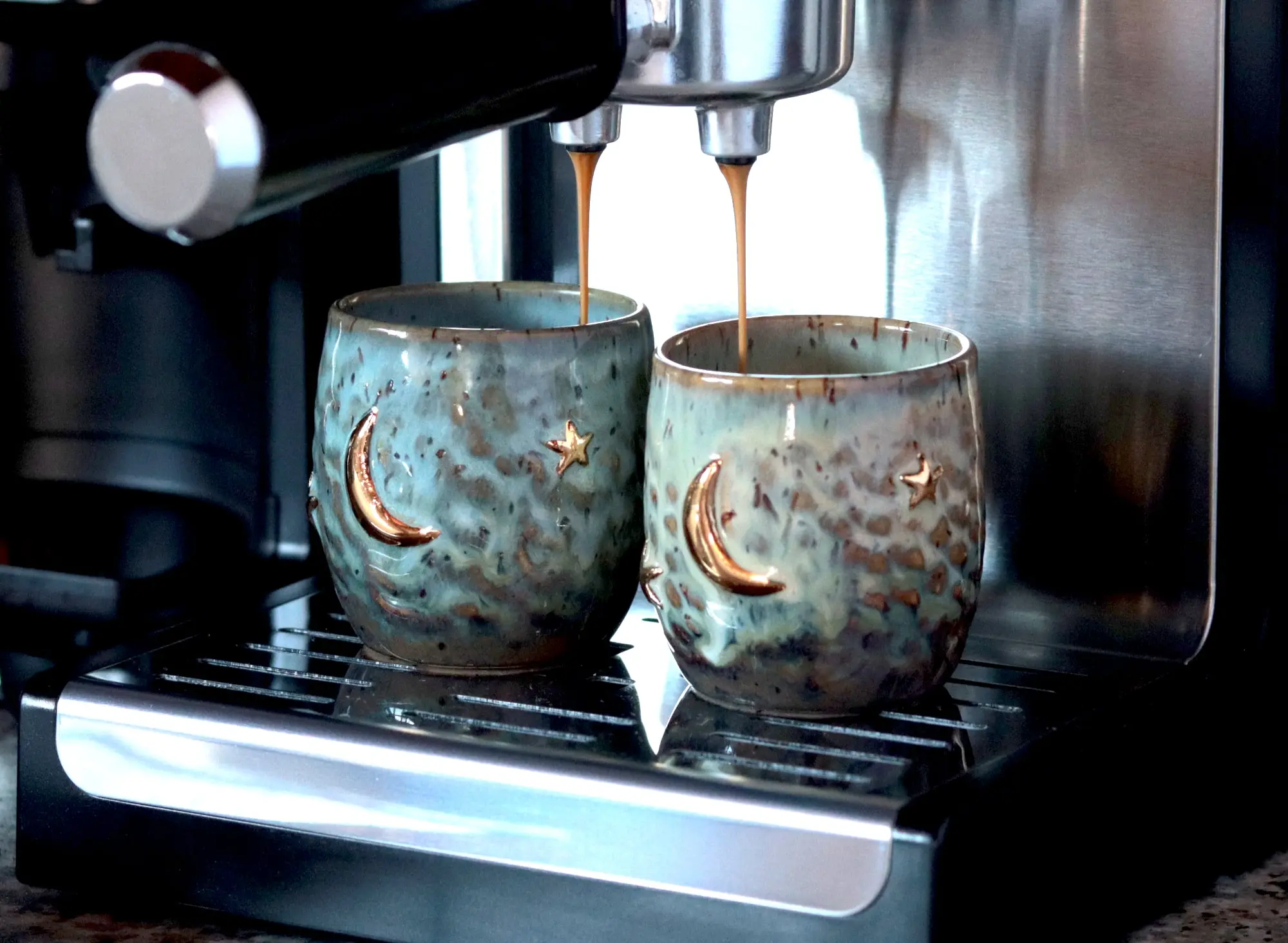 Handmade stoneware espresso cups with gold moon - Functional art ceramics by Seyma Ates