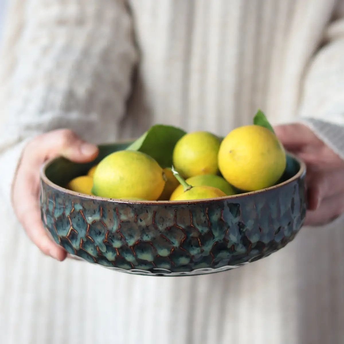 Artisanal pottery serving bowl with fresh lemons - Handcrafted ceramics by Seyma Ates