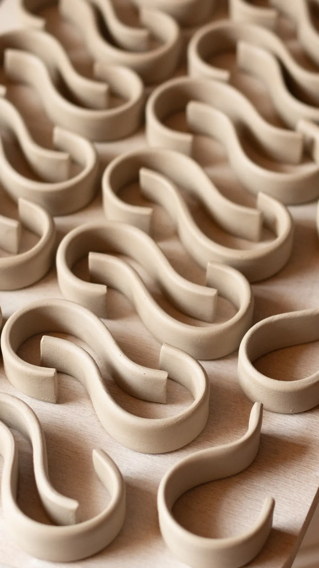 Hand-sculpted S-shaped ceramic mug handles ready for attachment, artisanal pottery process.