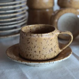 Handmade honey-glazed espresso cup and saucer, speckled stoneware, made in Istanbul