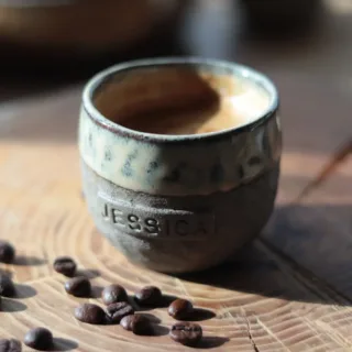 Custom name espresso cup with espresso, handmade stoneware pottery